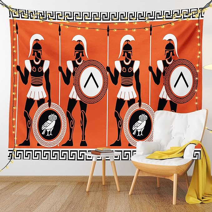 Ambesonne Retro Tapestry King Size, Historical in Greece Theme Cultures, Wall Hanging Bedspread Bed Cover Wall Decor, 104" X 88", Orange Black White