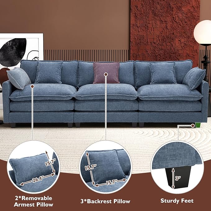 Ihanherry 111.4 Inch 3-Seater Cloud Sofa, Modular Sectional Couch, Modern Deep Seat Sofa for Living Room, Comfy Double Layer Upholstered Seat Cushion, Breathable Chenille Fabric, Blue