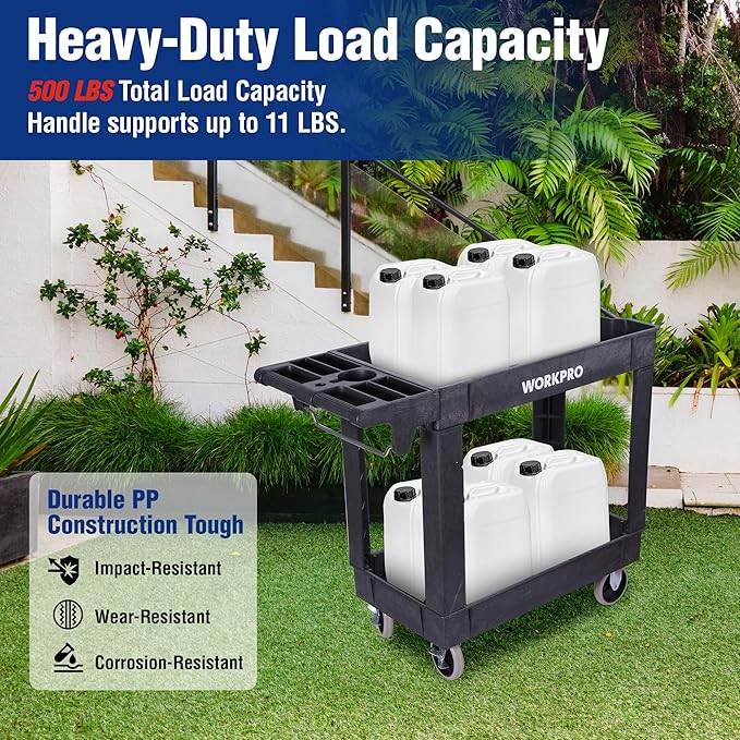 WORKPRO 2-Tier Utility Service Cart, 500 lbs Capacity Rolling Tool Cart with 360° Swivel Locking Casters, 39"x17"x33" PP Plastic Work Cart for Garage, Home, Warehouse