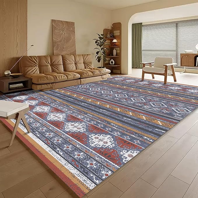 RUGSURE Washable Area Rugs 6' x 9' - 1/6 Thick - Moroccan-Inspired -Stain & Water Resistant Non-Slip - Resistant Rug for Living Room, Bedroom, Nursery, Pet & Child Friendly (Blue and Red)