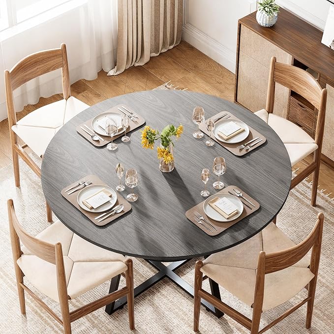 47" Round Dining Table for 4, Kitchen Dining Table with Storage, Wood Circle Dinner Table, Space Saving Dining Room Furniture for Kitchen, Living Room