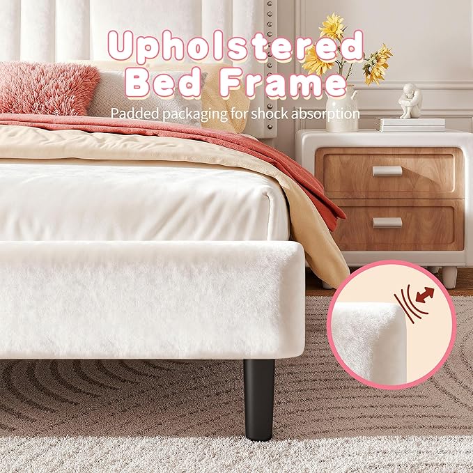 EnHomee Queen Bed Frame with LED and Velvet Headboard, Bed Frame Queen Size with Adjustable Cute Cloud Headboard, Strong Support, Noise Free, No Box Spring Needed, Easy Assembly, Cream