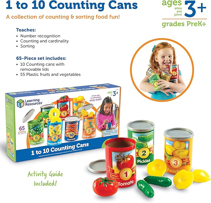 Learning Resources One to Ten Counting Cans - 65 Pieces, Ages 3+, Toddler Activities, Preschool Pretend Play, Supermarket Food Toys