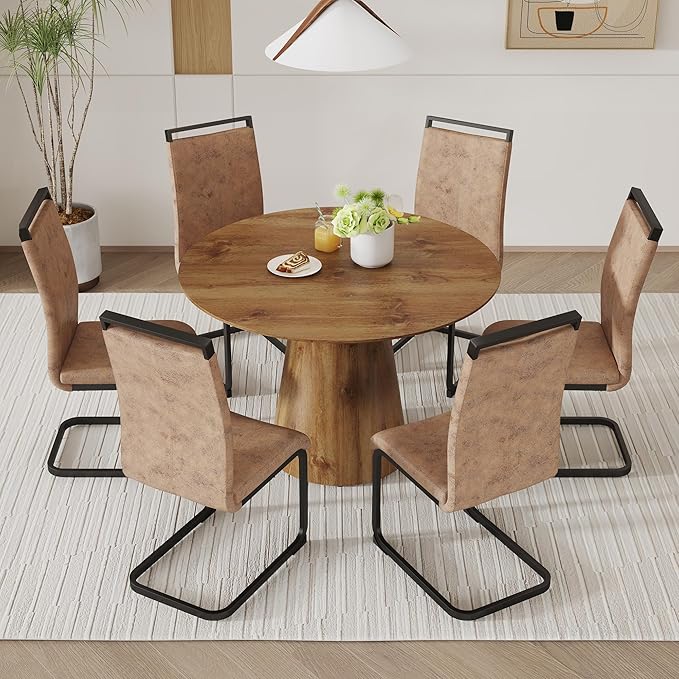 45 Inch Round Dining Table Set for 6, 7 Piece Kitchen Table and Chairs Set, Wooden Table with Light Walnut Finish, Small Space Dining Set for Apartment or Dining Room