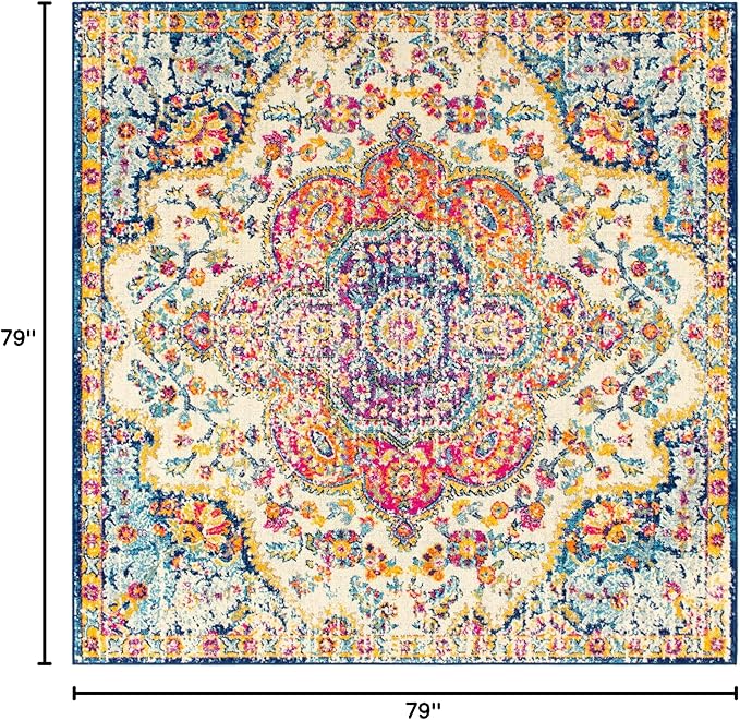 Livabliss Area Rugs - 7x7 Romaine Vintage Boho Fuchsia Mustard Blue Square Area Rug for Living Room Bedroom - Floral Medallion Stain Resistant Carpet for Kitchen, Nursery, Office (6'7" Square)