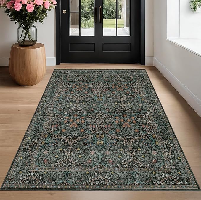 Dining Room Rugs for Under Table - 6x9 Washable Dark Green Oriental Area Rug for Living Room, Low Pile Non-Slip Floor Carpet for Bedroom - Vintage Design & Stain Resistance (6x9 Dark Green)