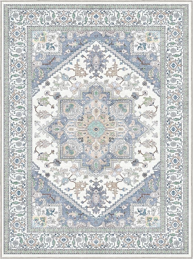 OPPODREAM Thin Area Rugs 9x12 Living Room, Washable Rugs 9x12 with Non Slip Backing, Faux Cashmere Low-Pile 9 x 12 Carpet, Purple & Green & Cream