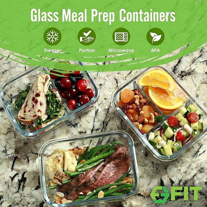 FIT Strong & Healthy Meal Prep Containers, 1 & 2 & 3 Compartments – Glass Bento Box Adult Lunch Box, Glass Containers Meal Prep with Lids, Container with Compartments, 35 oz, Black, 3 Pack