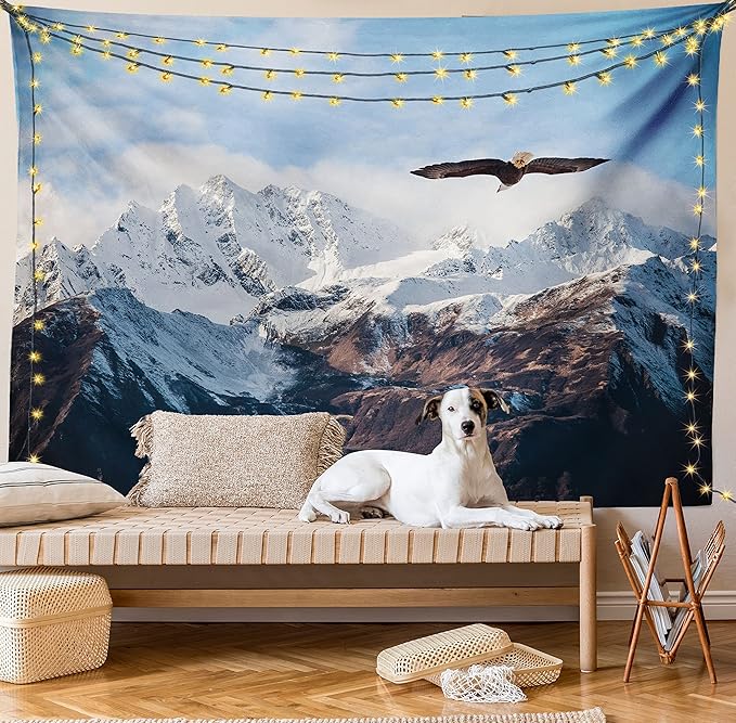 Ambesonne Mountain Tapestry, Frozen Peaks Tops of the Mountain with a Flying Eagle Free in Nature Photo, Fabric Wall Hanging Decor for Bedroom Living Room Dorm, 23" X 28", Brown White Blue