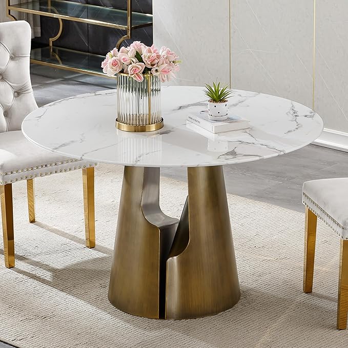 3-Piece Faux Marble Round Dining Table Set for 2, Modern Luxury Kitchen Table Set for 2 with Beige Tufted Chairs,Circle Dining Tables with White Marble Grain Top and Bronze Pedestal Base