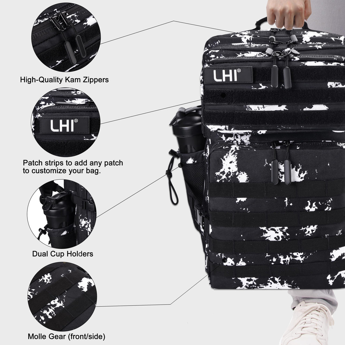LHI Military Tactical Backpack for Men and Women 45L Army 3 Days Assault Pack Bag Large Rucksack with Shoe Compartment - Black Lightning