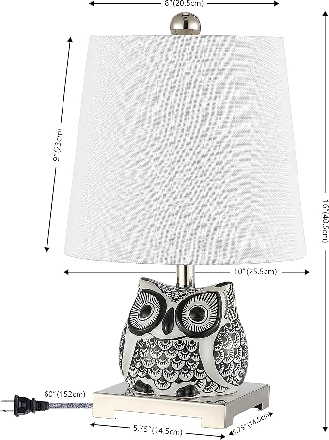 JONATHAN Y 16" Black/White Ceramic Owl Mini Table Lamp for Bedroom or Office, Modern Farmhouse Nightstand Lamp with White Linen Shade, LED Bulb Included (JYL3014C)