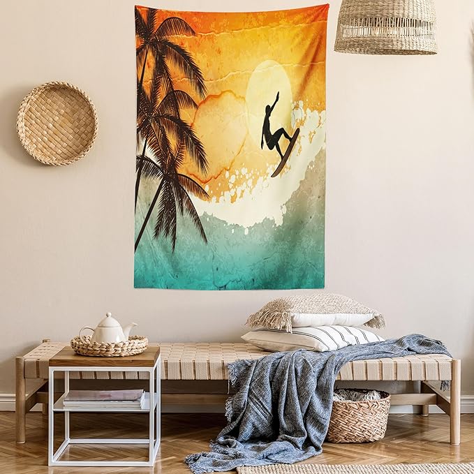 Ambesonne Grunge Tapestry, Illustration of Tropical Island Surfer on Sea Waves and Palms at Sunset, Fabric Wall Hanging Decor for Bedroom Living Room Dorm, 30" X 45", Orange Turquoise Black