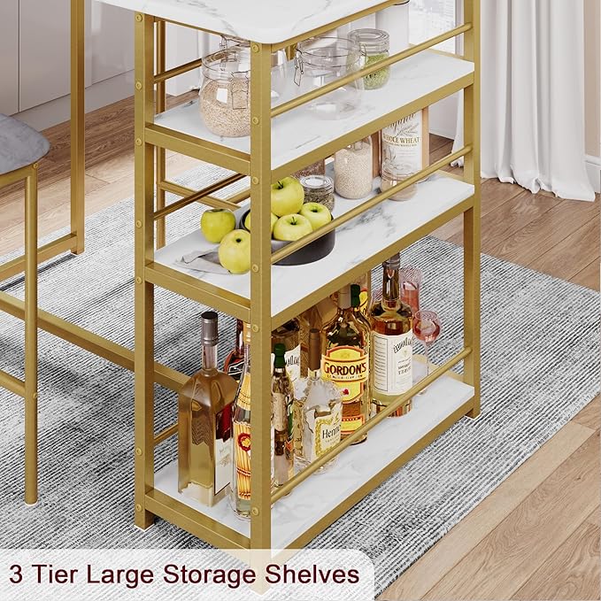 GAOMON Dining Table Set for 2, Kitchen Table and Upholstered Chairs for 2, 3 Piece Counter Height Bar Kitchen Table Set with 3 Storage Shelves for Small Space, Apartment, Velvet Gray and Gold White