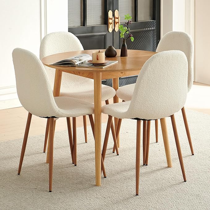 Small Oak Round Dining Table Set for 4, Modern 35'' Kitchen Coffee Table with 4 White Teddy Velvet Dining Chairs for Dining Room Apartment