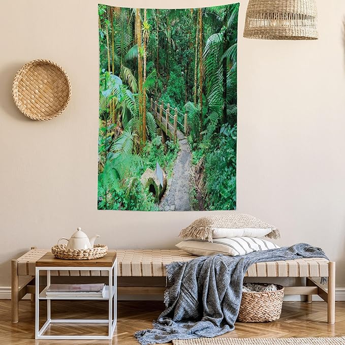 Ambesonne Puerto Rico Tapestry Twin Size, Tropical Rain Forest in San Juan Exotic Jungle Nature Photography, Wall Hanging Bedspread Bed Cover Wall Decor, 68" X 88", Green Pale Brown Ginger