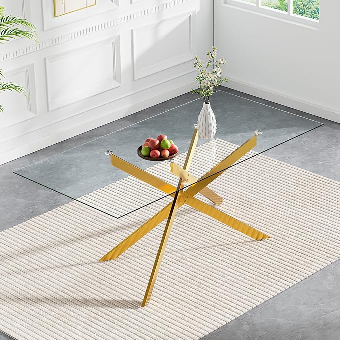 60" Rectangular Glass Dining Table Modern Kitchen Glass Top Table for 6 with Gold Metal Legs, Clear Dining Table Kitchen Table for Home Office Dining Room