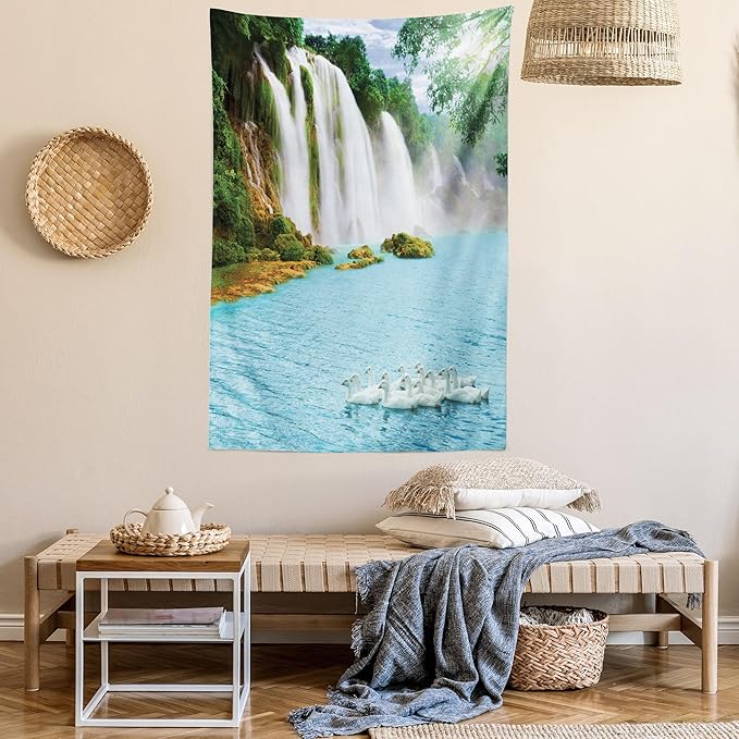 Ambesonne Waterfall Tapestry Queen Size, Image of a Grand Waterfall with Swans in the Lake Sunny Day Nature Print, Wall Hanging Bedspread Bed Cover Wall Decor, 88" X 88", White Green