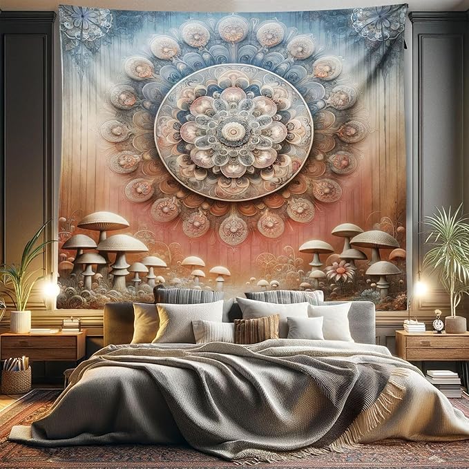 Ambesonne Hippie Tapestry King Size, Fantasy Vibes Mushroom Jungle with Oriental Vibes Mandal Print Peacock, Wall Hanging Bedspread Bed Cover Wall Decor, 104" X 88", Pale Ruby Blue Grey Ecru