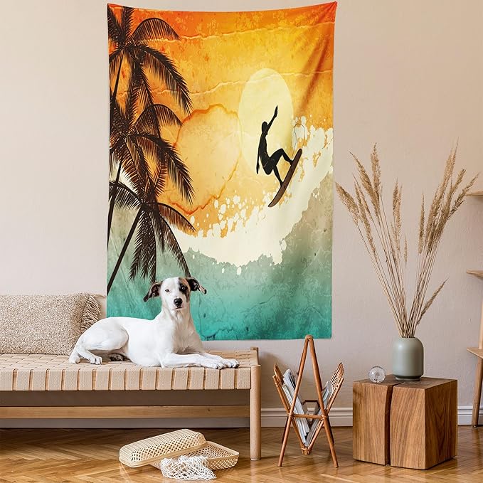 Ambesonne Grunge Tapestry, Illustration of Tropical Island Surfer on Sea Waves and Palms at Sunset, Fabric Wall Hanging Decor for Bedroom Living Room Dorm, 30" X 45", Orange Turquoise Black