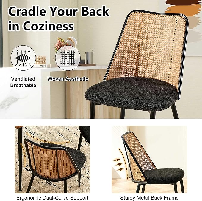 Dining Chairs Set of 2, Boho Rattan Back Dining Room Chairs Upholstered Boucle Round Dining Chairs