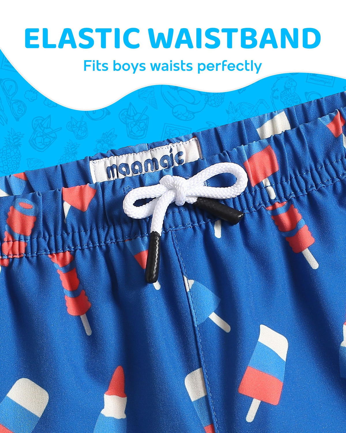 maamgic Boys Swim Trunks with Compression Liner Toddler Boy Swimsuit Quick Dry 4-Way Stretch Swimming Trunks Ice Cream Ocean Blue 4T