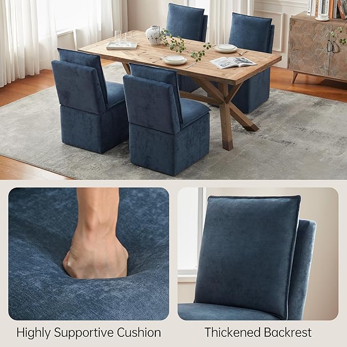 VKNOW Upholstered Dining Chairs, Modern Rolling Chairs with Storage and Wheels, Linen Armless Chair with Cushion and Backrest, Dining Room Chairs for Living Room Kitchen Bedroom, Nav