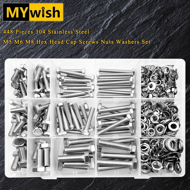 Mywish 448PCS M5 M6 M8 Screw Set, Metric Bolt Assortment, 304 Stainless Steel, Nuts and Bolts Set Flat & Spring Washers, Hex Head Cap Screws Bolts and Nuts Kit, Fully Thread