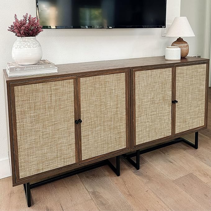 Nathan James Kova Bohemian Rattan Sideboard or TV Stand, Wooden Storage Cabinet with Doors, Walnut Sideboard Buffet or Rattan Accent Storage Cabinet with Matte Black Legs, Set of 3