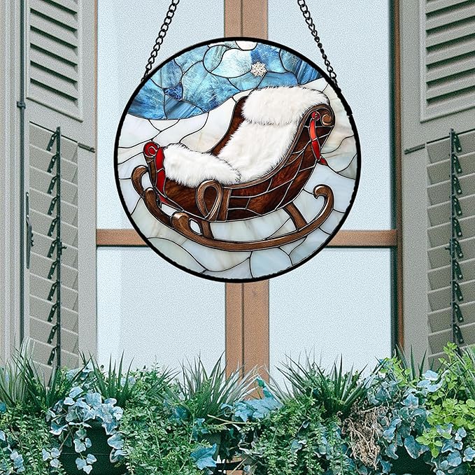Stained Glass Window Hanging 4 Pcs Set Blue White Christmas Snowman Snowflake 9.8" - Suncatcher Door Garden Sun Catcher Decor Birthday Mother's Day Xmas Gifts for Mom Woman Nana Men