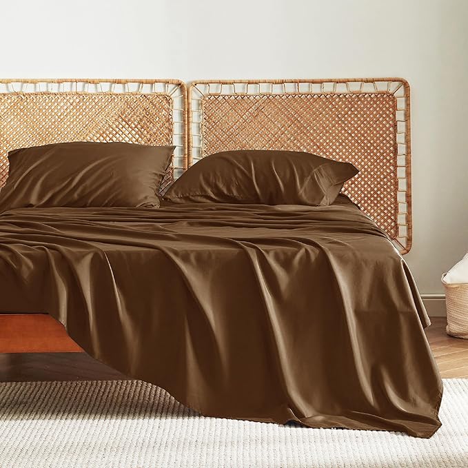 Bedsure Queen Sheet Set, Rayon Derived from Bamboo, Cooling Sheets, Breathable & Soft, Deep Pocket Up to 16 Inches, Hotel Luxury Silky Bedding for Hot Sleepers, Brown