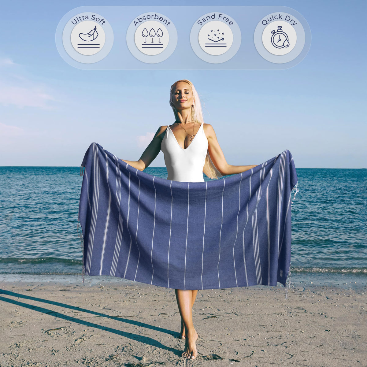 Ossano Turkish Beach Towel Compact & Soft Extra Large (39" x 71") - Quick Dry, Versatile and Functional as Yoga Mat, Picnic and Travel Blanket, Bath Towels/Vacation Essential - Indigo Blue