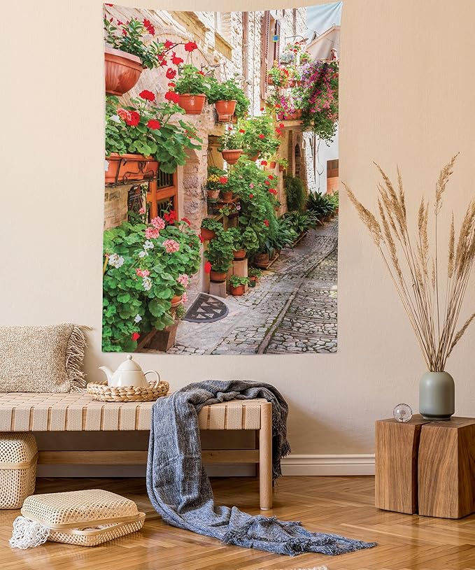 Ambesonne Italian Tapestry Queen Size, Street View of a Small Renaissance Town with Floral Porches and Rock Mediterranean, Wall Hanging Bedspread Bed Cover Wall Decor, 88" X 88", Pale Brown