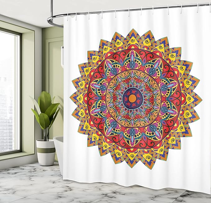 Ambesonne Ethnic Shower Curtain, Bohemic Hippie Design with Geometric Oriental Shapes Image Print, Cloth Fabric Bathroom Decor Set with Hooks, 69" W x 70" L, White