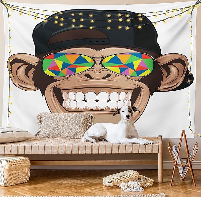 Ambesonne Cartoon Tapestry, Fun Hipster Monkey with Colorful Sunglasses and Hat Rapper Hippie Ape Art, Fabric Wall Hanging Decor for Bedroom Living Room Dorm, 23" X 28", White Brown
