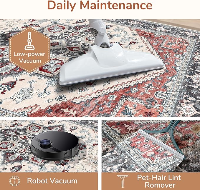 OPPODREAM Thin Area Rugs 3x5, Washable Rugs with Non Slip Backing, Low-Pile Throw 3x5 Carpet, Faux Cashmere 3 x 5 Carpet, Black & Red