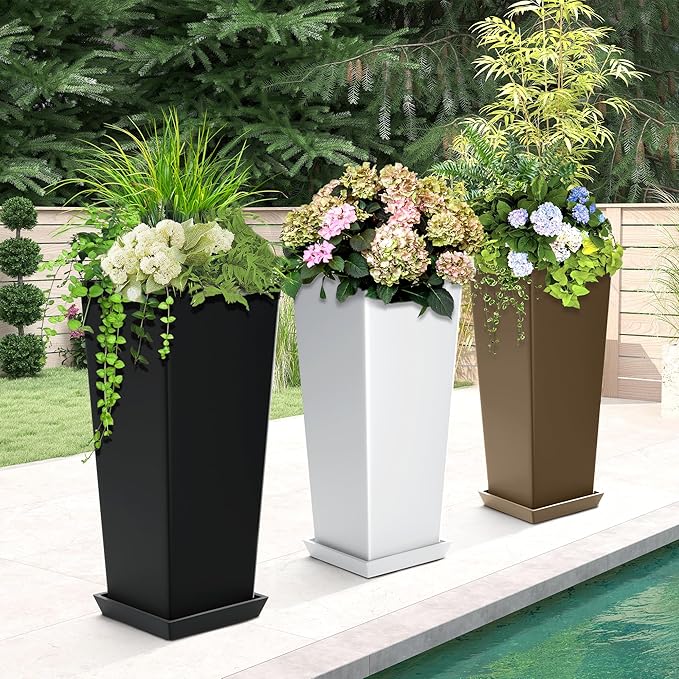 24" Tall Planters for Outdoor Plants, Set of 2 Large Outdoor Planters for Front Porch Decor with Drainage Hole, Tall Planter(White)