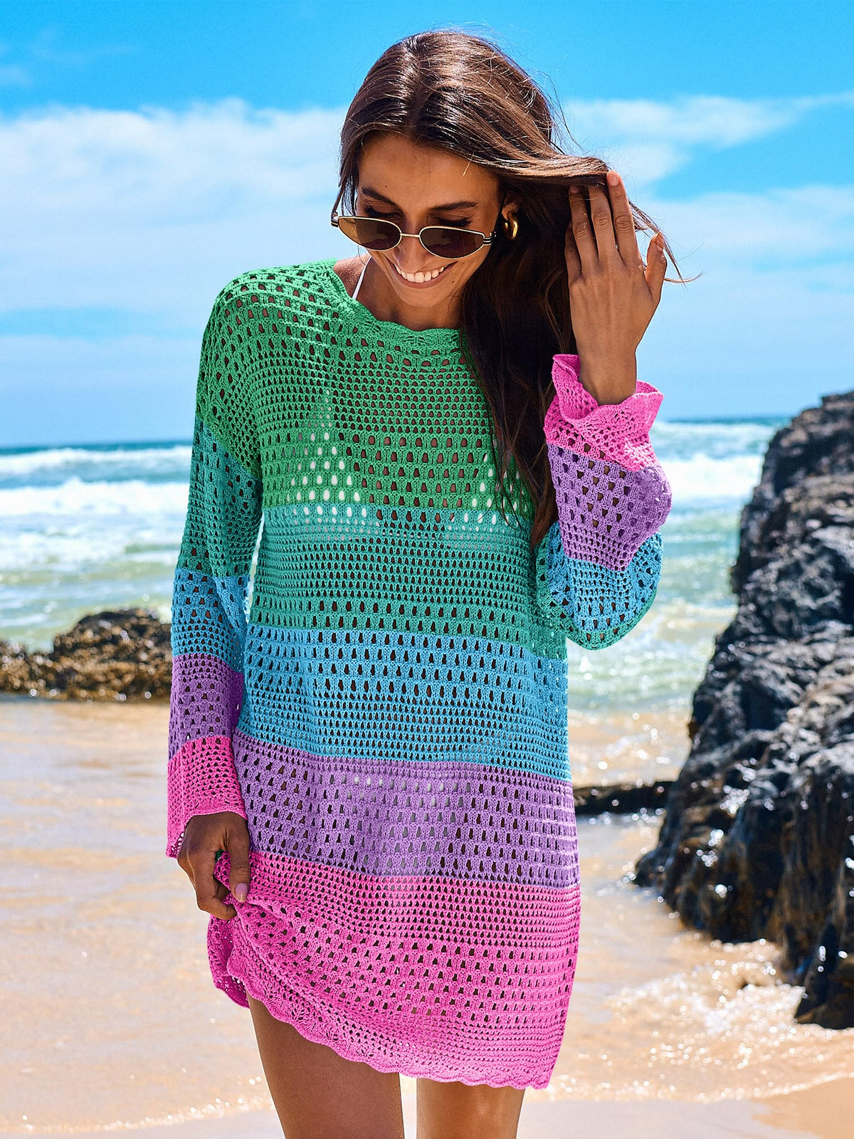 ANRABESS Women Swimsuit Crochet Swim Cover Up 2026 Summer Bathing Suit Swimwear Mesh Knit Beach Dress Vacation Outfits Rainbow Stripe Colorful Medium