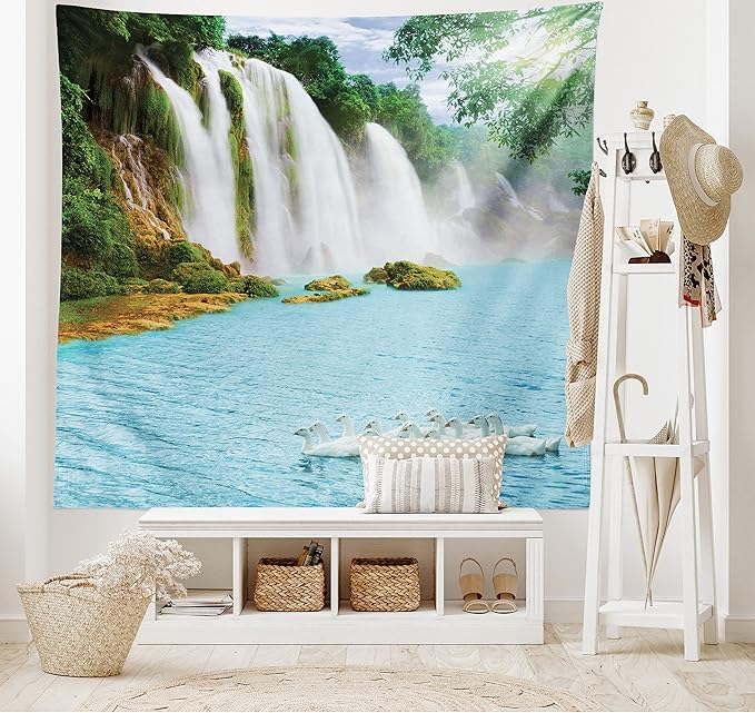 Ambesonne Waterfall Tapestry King Size, Image of a Grand Waterfall with Swans in the Lake Sunny Day Nature Print, Wall Hanging Bedspread Bed Cover Wall Decor, 104" X 88", White Green
