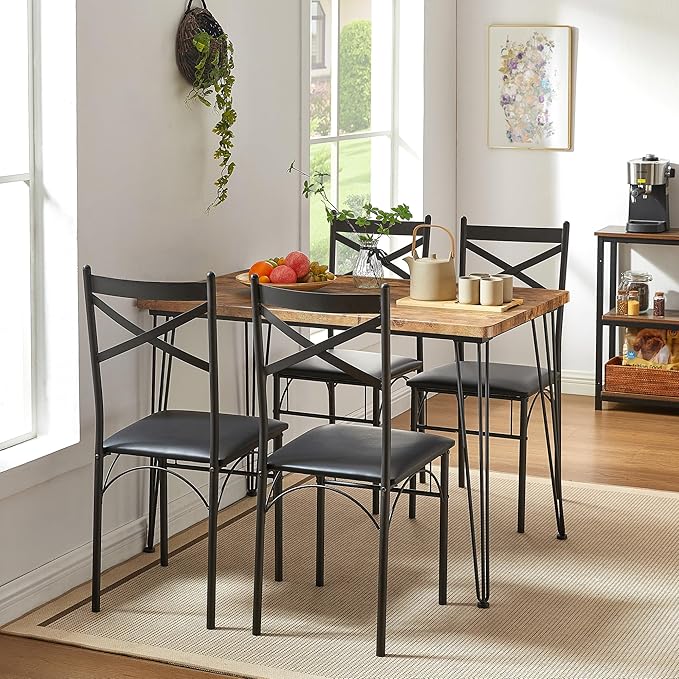 VECELO 5-Piece Dining Table Set for Home Kitchen Small Space Breakfast Nook, 4 Faux Leather Metal Frame Chairs, Retro Brown,Set for 4