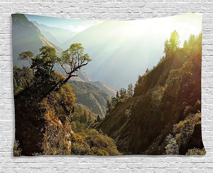 Ambesonne Landscape Tapestry, Forest Nepal Himalaya Mountains Sunlight Majestic Scenery Nature Photo, Wide Wall Hanging for Bedroom Living Room Dorm, 80" X 60", Green Pale Yellow