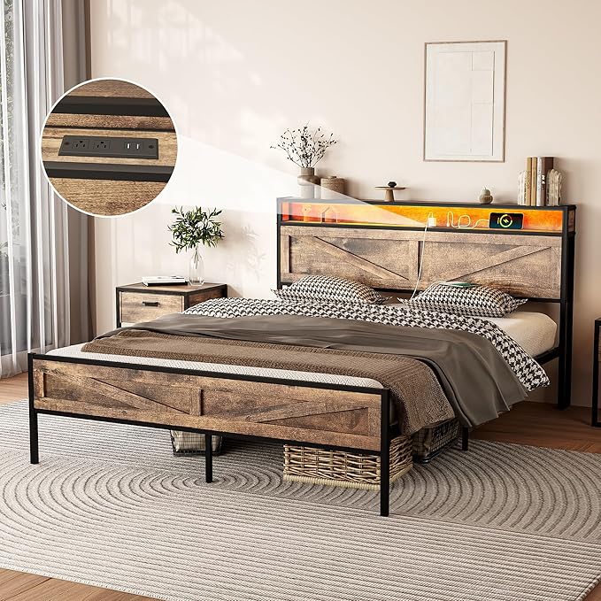 Vabches Queen Size Bed Frame with Headboard and Charging Station, Brown Platform Bed Frame with Led Light, No Box Spring Needed, Noise Free Farmhouse Bedroom Set