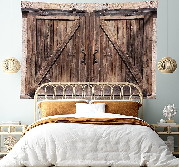 Ambesonne Rustic Tapestry, Wooden Barn Door in Stone Farmhouse Image Vintage Desgin Rural Art Architecture Print, Wide Wall Hanging for Bedroom Living Room Dorm, 60" X 40", Cream Brown