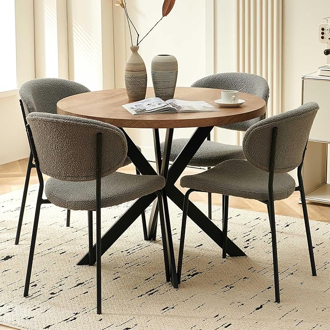 Round Dining Table Set for 4, Modern 5-Piece Kitchen Table Set, 37" Round MDF Living Coffee Table with 4 Seated Grey Boucle Dining Chairs Upholstered, Metal Legs for Dining Hall, Living Room