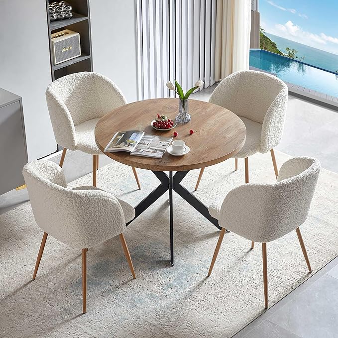 5 Pieces Dining Table Set for 4, 37-Inch Dia Round Home Kitchen Dinner Table with Thick Tabletop, 4 Seated Upholstered Arm Chairs, Faux Wood Round Table with Comfy Barrel Accent Chair
