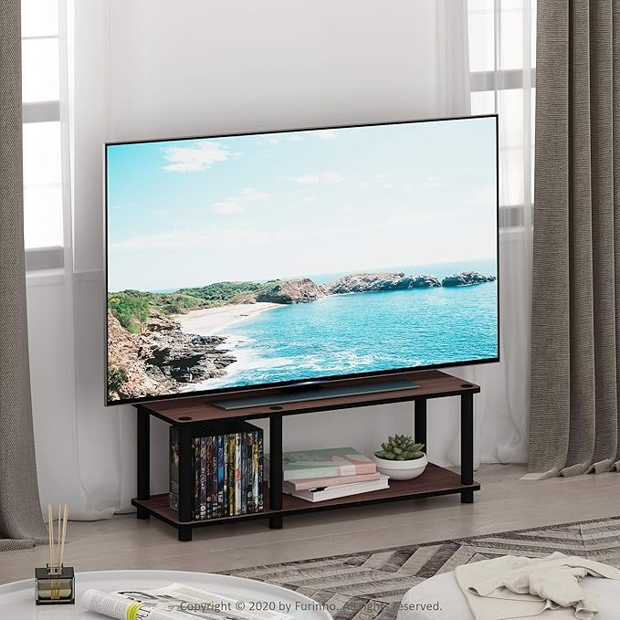 Furinno JUST TV Stand, 2-Tier No Tools Mid Entertainment Center with Open Shelf, TV Console for TV up to 46 Inch with Tubes, for Living Room, Bedroom, Dark Cherry