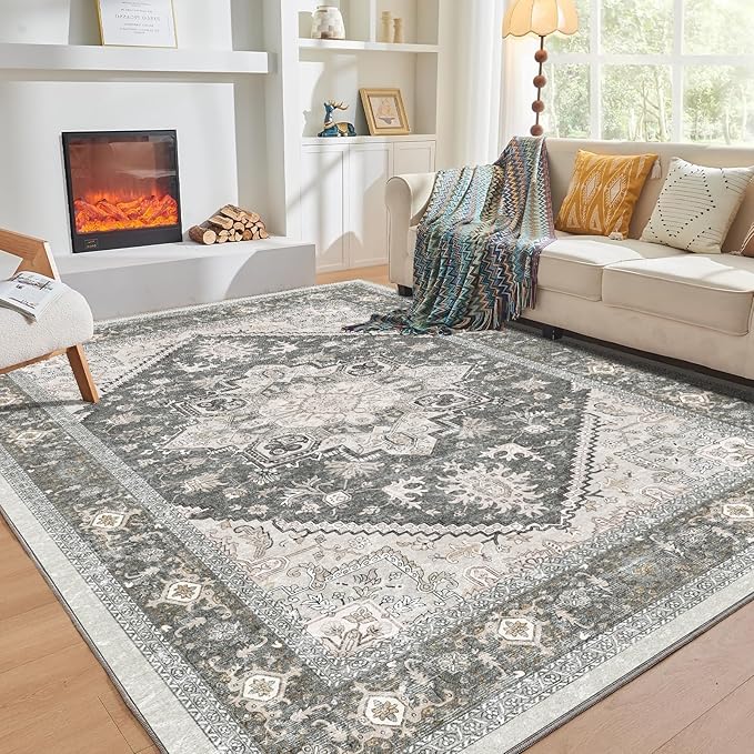 OPPODREAM Thin 8x10 Area Rugs, Washable Rugs 8x10 with Non Slip Backing, Faux Cashmere Low-Pile 8 x 10 Carpet, Greenish Grey