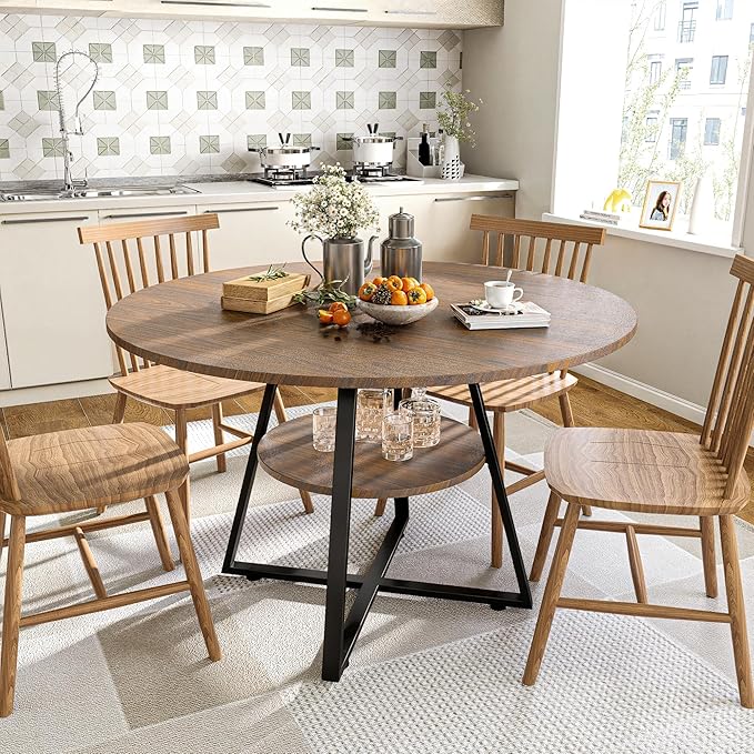 47" Round Dining Table for 4, Kitchen Dining Table with Storage, Wood Circle Dinner Table, Space Saving Dining Room Furniture for Kitchen, Living Room