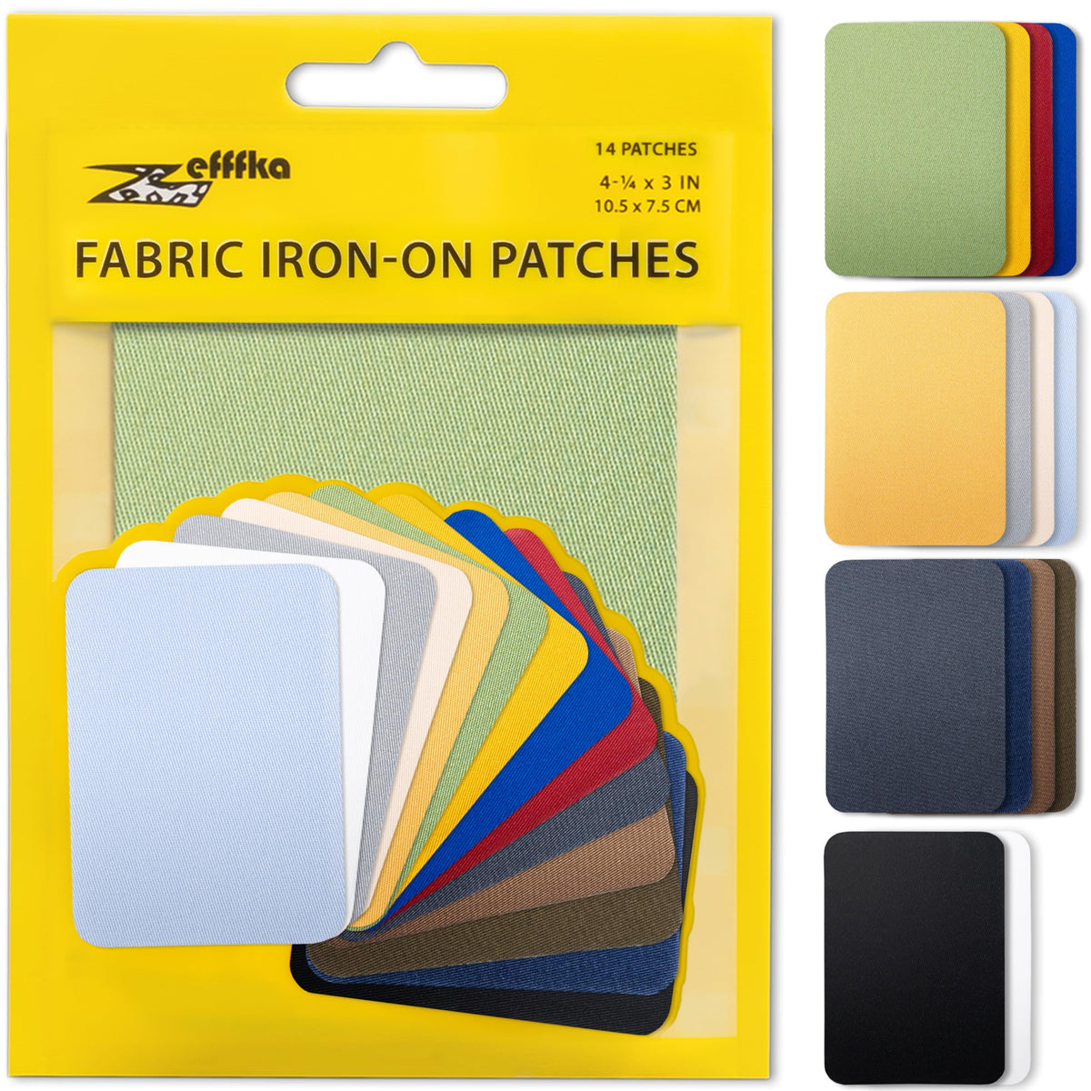 ZEFFFKA Premium Quality Fabric Iron-on Patches Inside & Outside Strongest Glue 100% Cotton Blue Gray Beige Brown Yellow Red Green Repair Decorating Kit 14 Pieces Size 3" by 4-1/4" (7.5 cm x 10.5 cm)