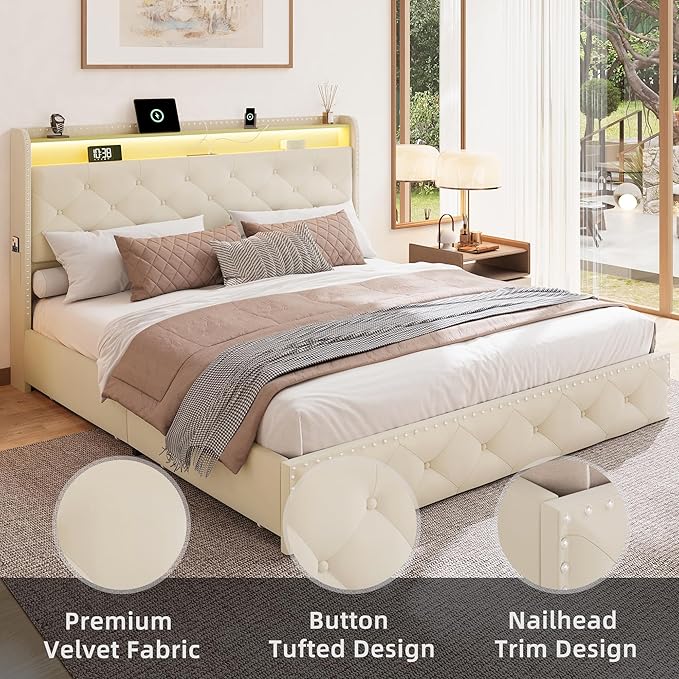 BRELTAM Queen Size Bed Frame with 4 Storage Drawers Platform Bed with Headboard,Upholstered Velve Tufed Bed Frame&LED Light and Charging Station,Heavy Duty Wood Slats,Noise Free,Easy Assembly,Beige